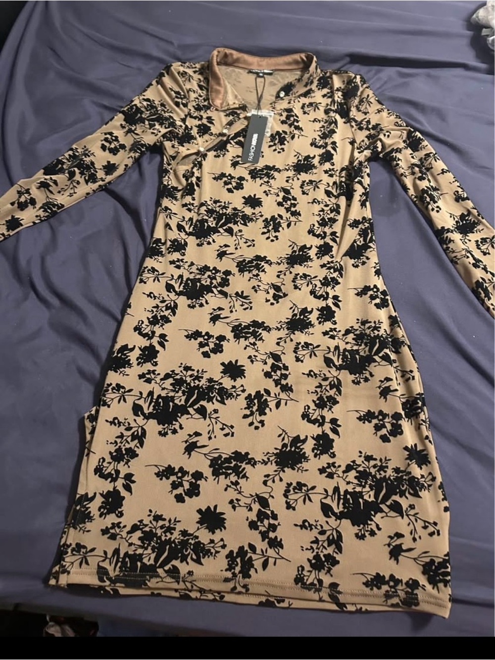 Fashion Nova Beige Long Sleeve Floral Midi Dress with Black Print